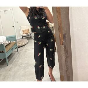 Vision Apparel Women's Medium Trouser Blouse Set Black Silk Rose Embroidered